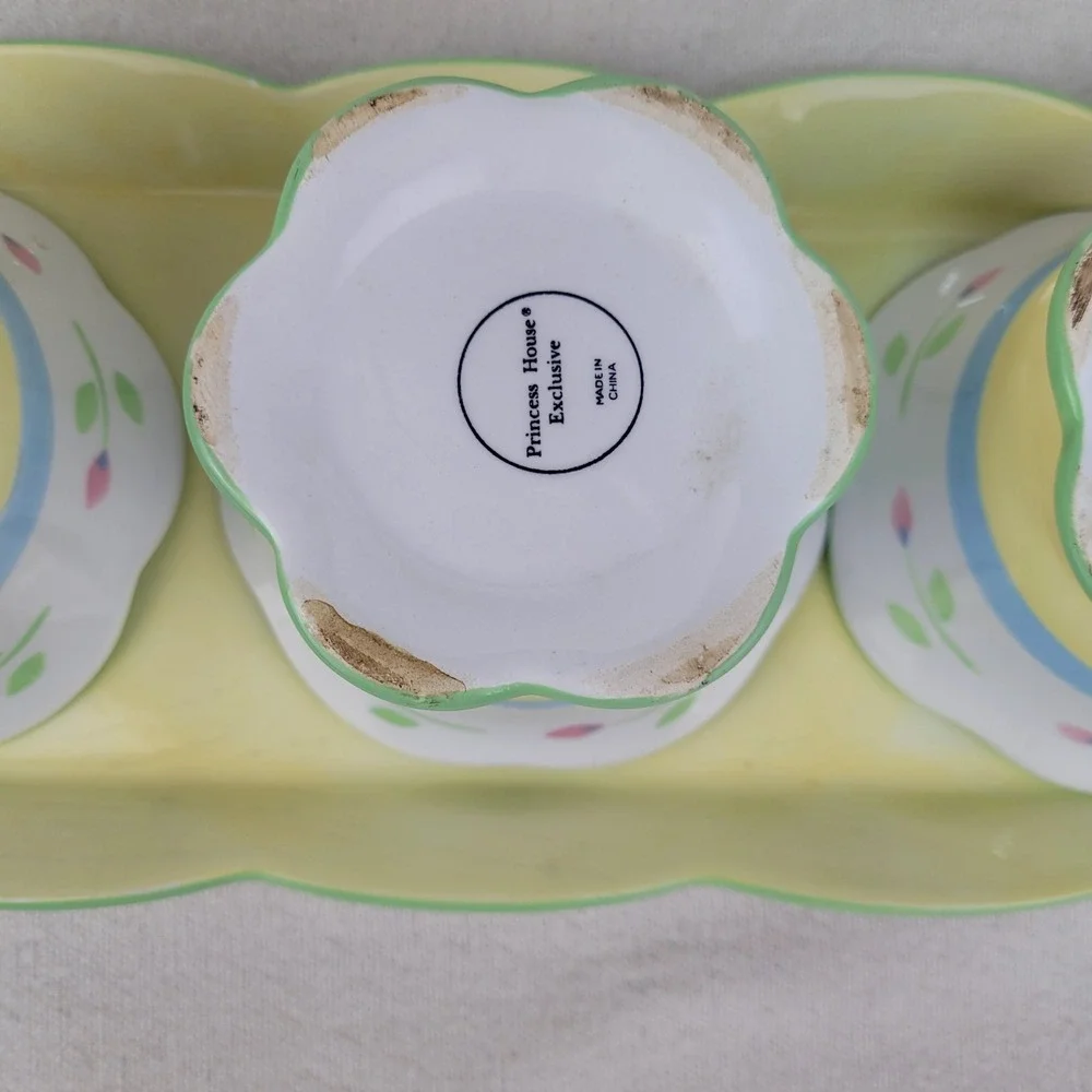 Princess House Exclusive Floral Ceramic Tray and 3 Pot Bowl Set Yellow Tulip